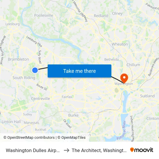 Washington Dulles Airport to The Architect, Washington map