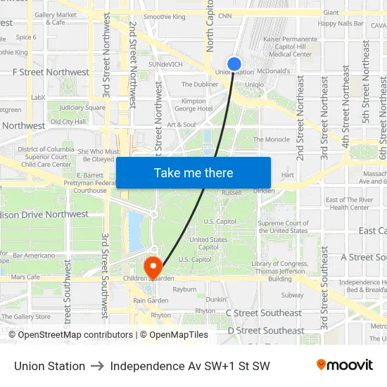 Union Station to Independence Av SW+1 St SW map