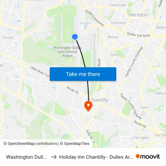 Washington Dulles Airport to Holiday Inn Chantilly - Dulles Arpt Area by IHG map