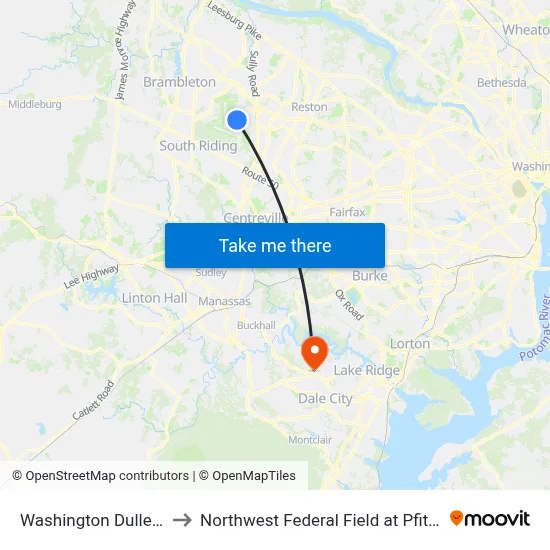 Washington Dulles Airport to Northwest Federal Field at Pfitzner Stadium map
