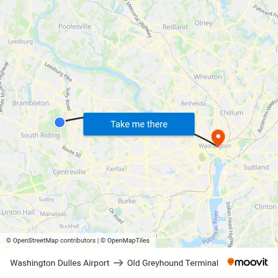 Washington Dulles Airport to Old Greyhound Terminal map