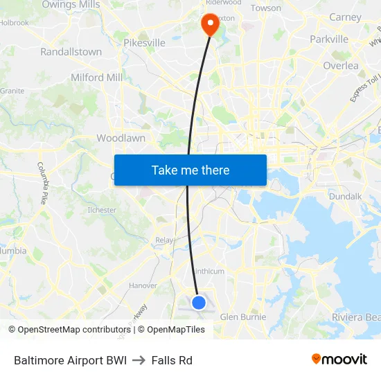 Baltimore Airport BWI to Falls Rd map
