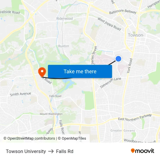 Towson University to Falls Rd map