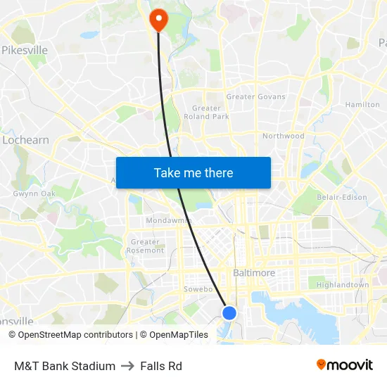 M&T Bank Stadium to Falls Rd map