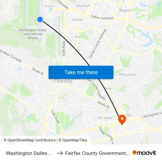 Washington Dulles Airport to Fairfax County Government Center map