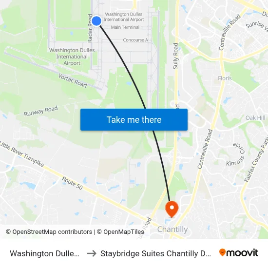 Washington Dulles Airport to Staybridge Suites Chantilly Dulles Airport map