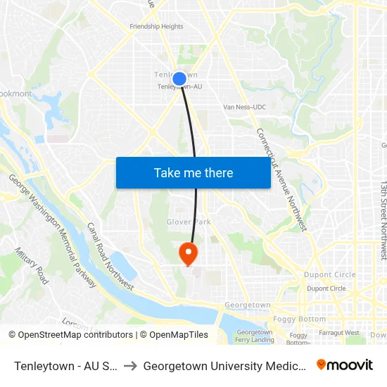 Tenleytown - AU Station to Georgetown University Medical Center map