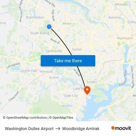 Washington Dulles Airport to Woodbridge Amtrak map