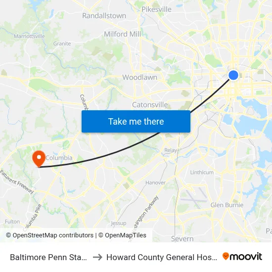 Baltimore Penn Station to Howard County General Hospital map