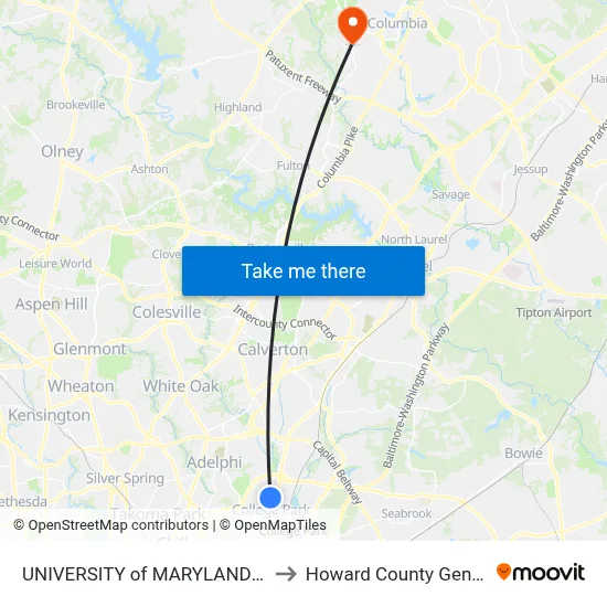 UNIVERSITY of MARYLAND COLLEGE PARK to Howard County General Hospital map