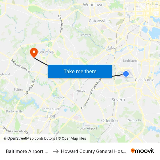 Baltimore Airport BWI to Howard County General Hospital map