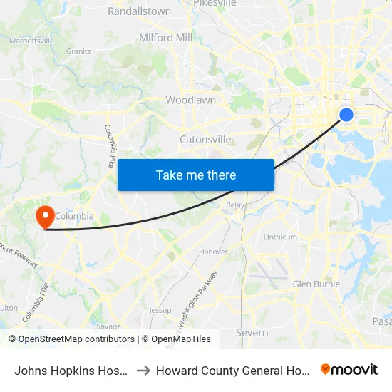 Johns Hopkins Hospital to Howard County General Hospital map