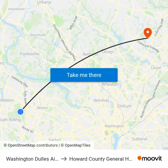 Washington Dulles Airport to Howard County General Hospital map