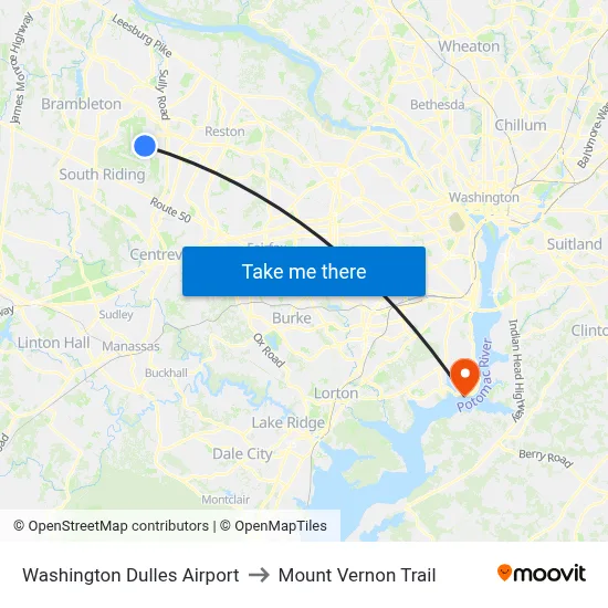 Washington Dulles Airport to Mount Vernon Trail map