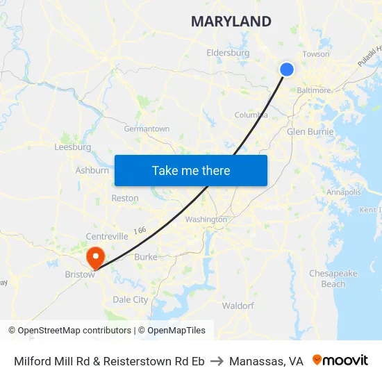 Milford Mill Rd & Reisterstown Rd Eb to Manassas, VA map
