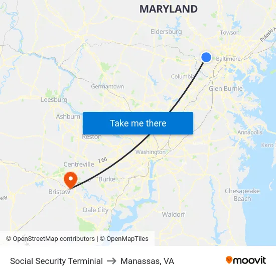 Social Security Terminial to Manassas, VA map