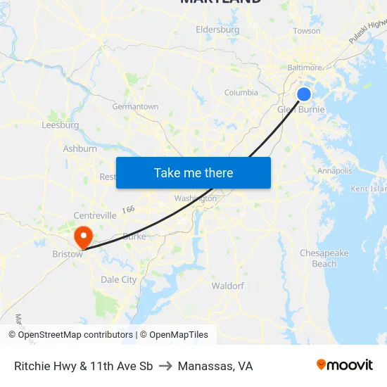 Ritchie Hwy & 11th Ave Sb to Manassas, VA map