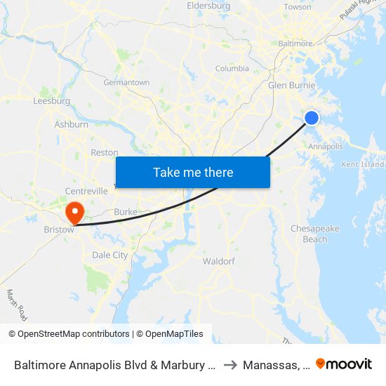 Baltimore Annapolis Blvd & Marbury Rd Sb to Manassas, VA map