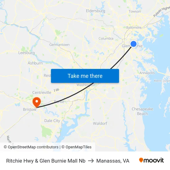 Ritchie Hwy & Glen Burnie Mall Nb to Manassas, VA map