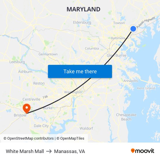 White Marsh Mall to Manassas, VA map