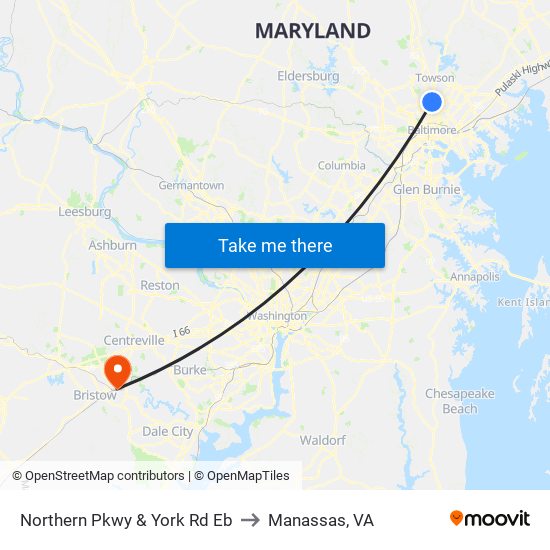Northern Pkwy & York Rd Eb to Manassas, VA map