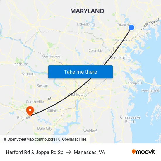 Harford Rd & Joppa Rd Sb to Manassas, VA map