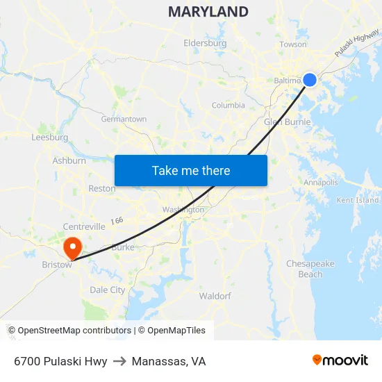 6700 Pulaski Hwy to Manassas, VA map