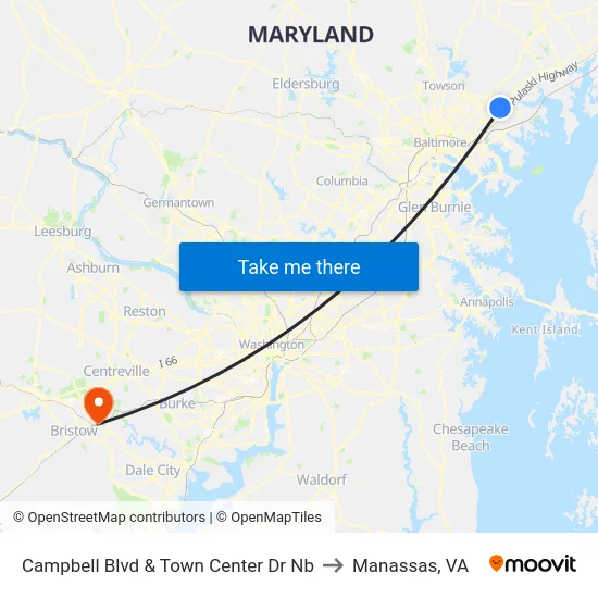 Campbell Blvd & Town Center Dr Nb to Manassas, VA map