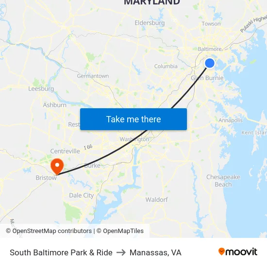 South Baltimore Park & Ride to Manassas, VA map