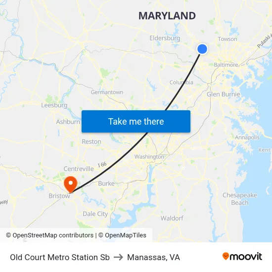 Old Court Metro Station Sb to Manassas, VA map