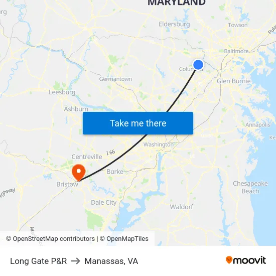 Long Gate P&R to Manassas, VA map
