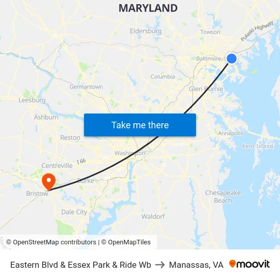 Eastern Blvd & Essex Park & Ride Wb to Manassas, VA map