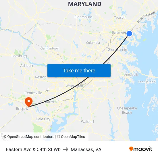 Eastern Ave & 54th St Wb to Manassas, VA map