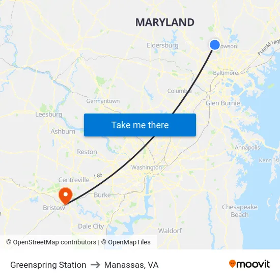 Greenspring Station to Manassas, VA map
