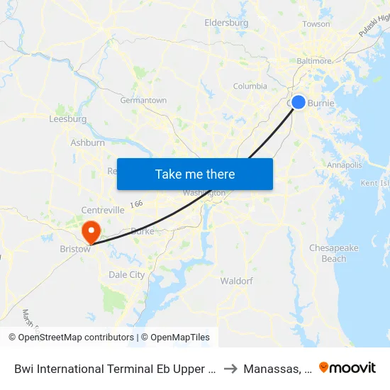 Bwi International Terminal Eb Upper Level to Manassas, VA map