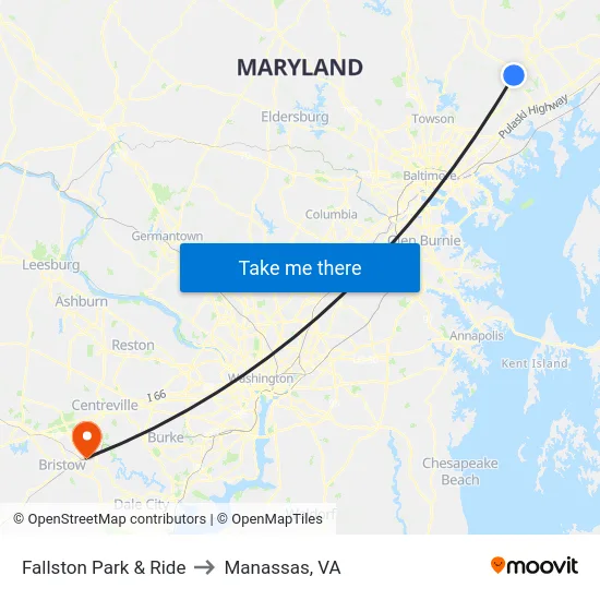 Fallston Park & Ride to Manassas, VA map