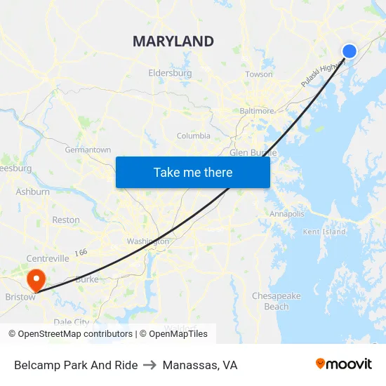 Belcamp Park And Ride to Manassas, VA map