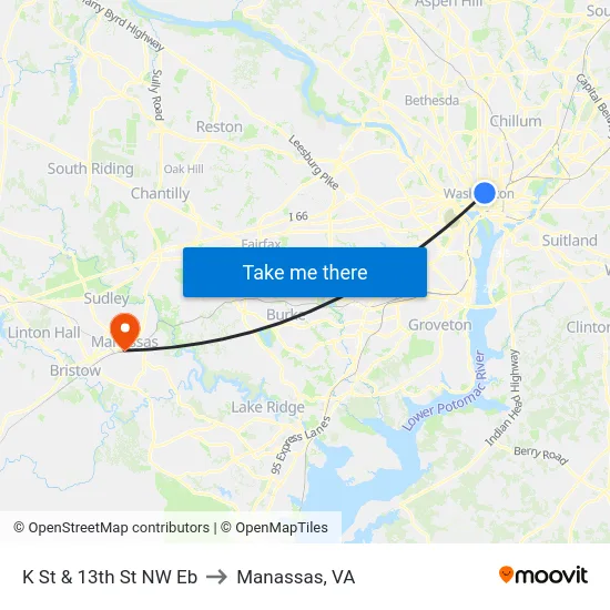 K St & 13th St NW Eb to Manassas, VA map