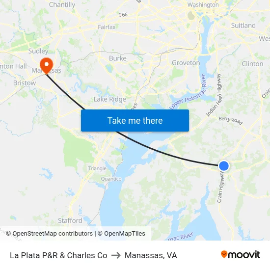 La Plata P&R & Charles Co to Manassas, VA map