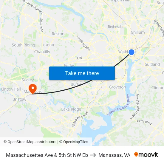 Massachusettes Ave & 5th St NW Eb to Manassas, VA map