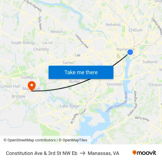 Constitution Ave & 3rd St NW Eb to Manassas, VA map