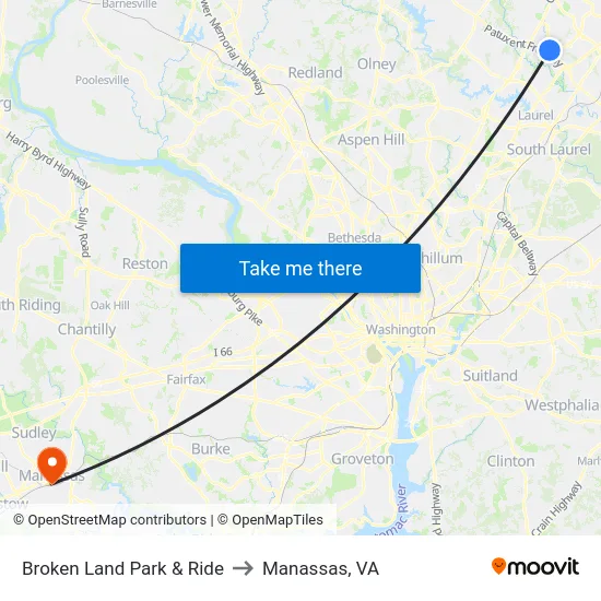 Broken Land Park & Ride to Manassas, VA map