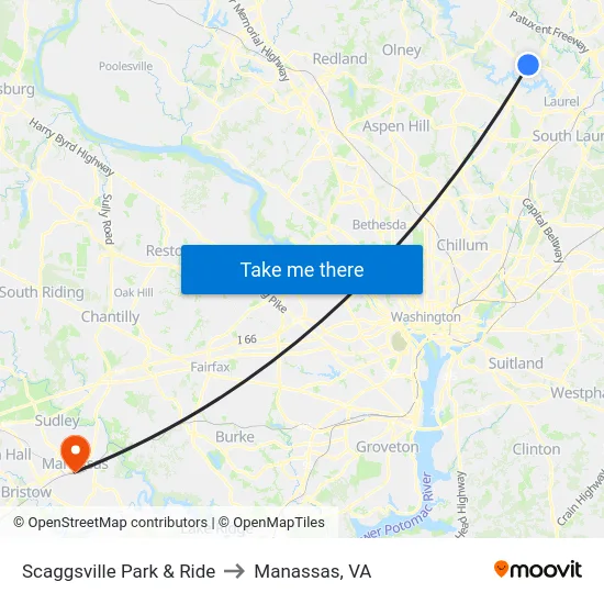 Scaggsville Park & Ride to Manassas, VA map