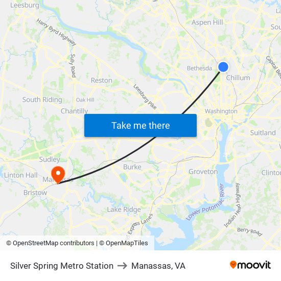 Silver Spring Metro Station to Manassas, VA map