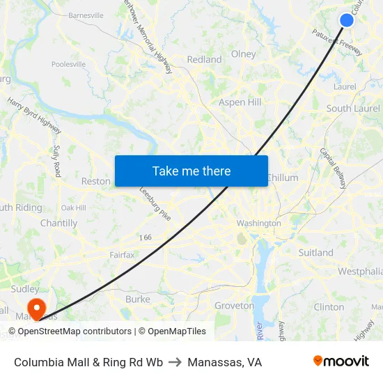 Columbia Mall & Ring Rd Wb to Manassas, VA map