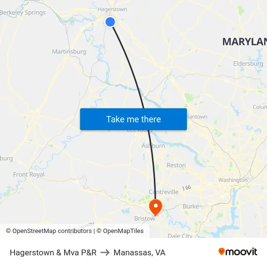 Hagerstown & Mva P&R to Manassas, VA map