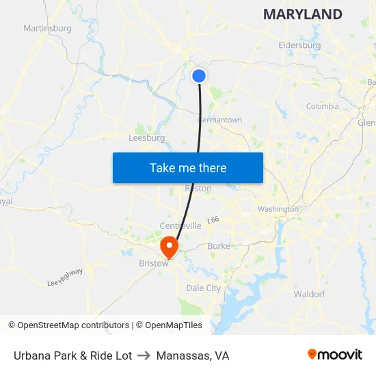 Urbana Park & Ride Lot to Manassas, VA map