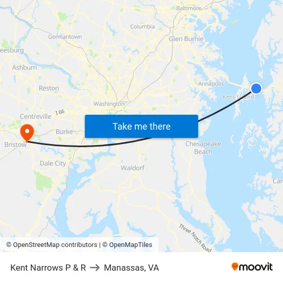 Kent Narrows P & R to Manassas, VA map