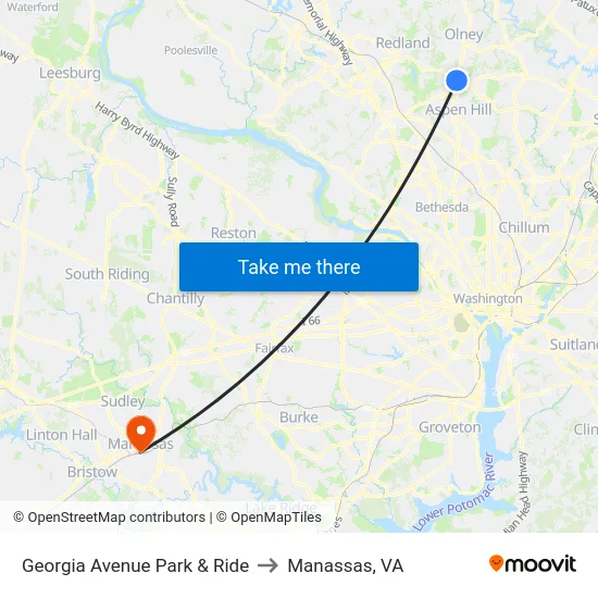 Georgia Avenue Park & Ride to Manassas, VA map