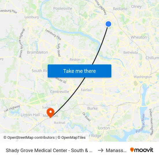 Shady Grove Medical Center - South & Medical Center Way to Manassas, VA map
